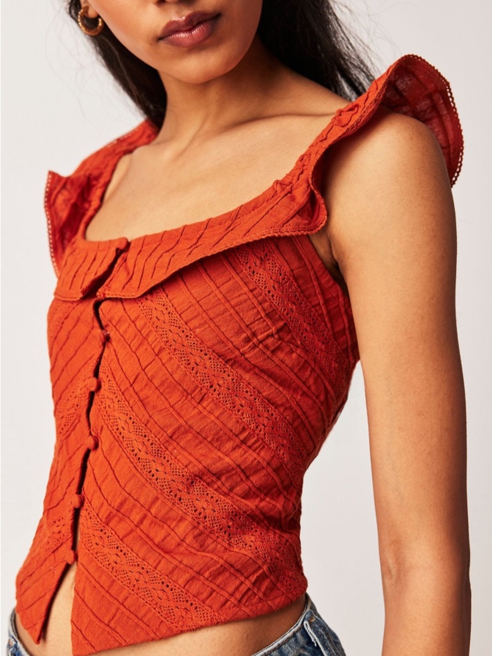 Free People Rust Smocked Ruffle Strap Crop Top NWT XS